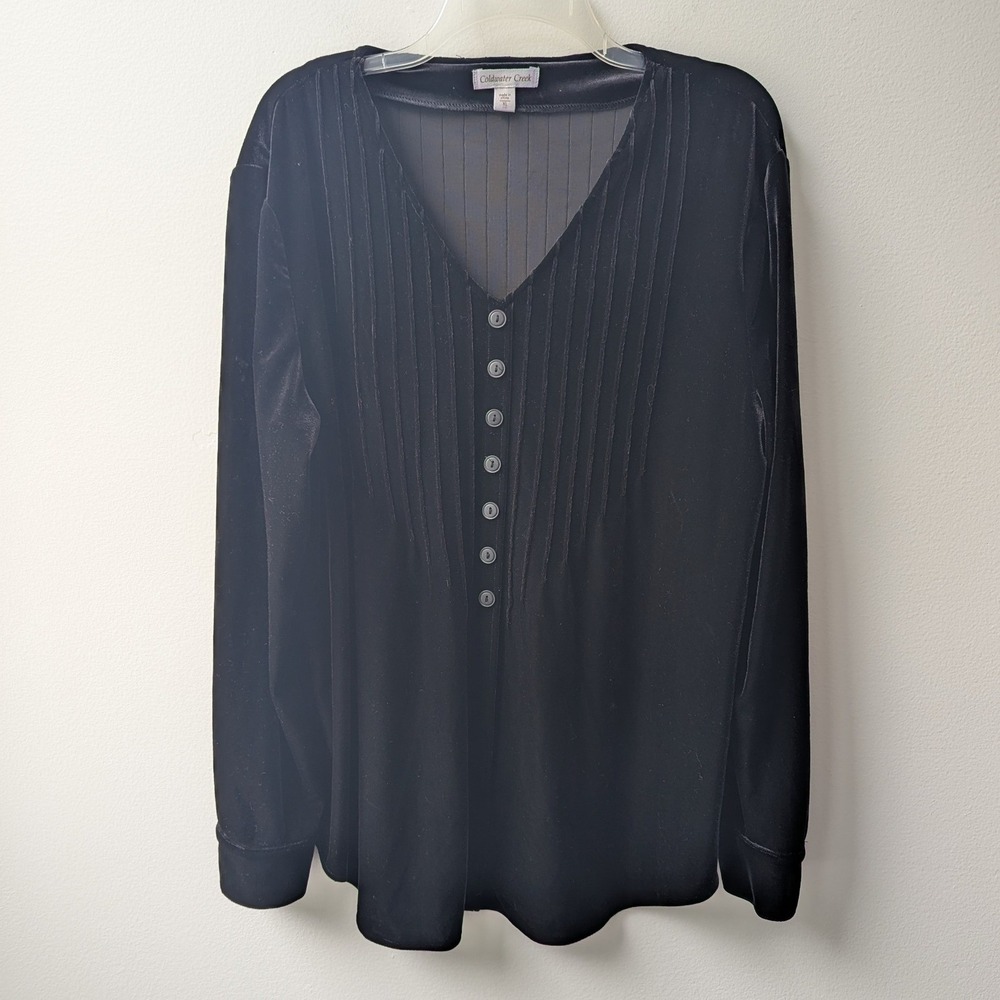 Coldwater Creek Velvet Pintuck Henley Long Sleeve Top Black Sz XL 18 Minimalist